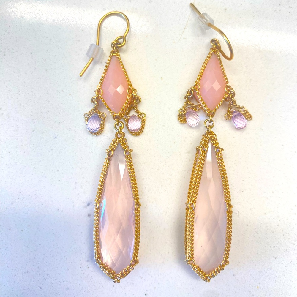 Anthony Nak, 18K gold, opal, Rose quartz & chalcedony dangle earrings.
